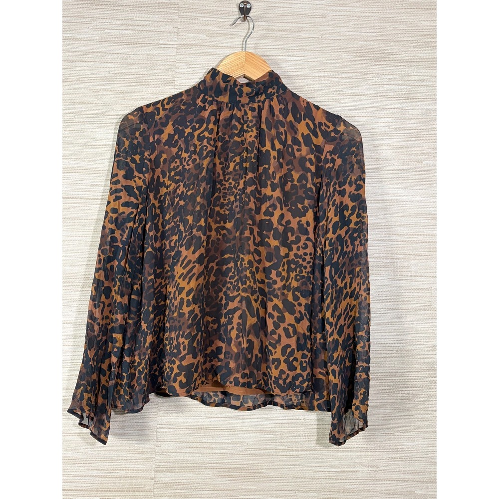 Maeve Blouse Top Womens XXS Brown Black Leopard Print Lined Pleated Mock Neck